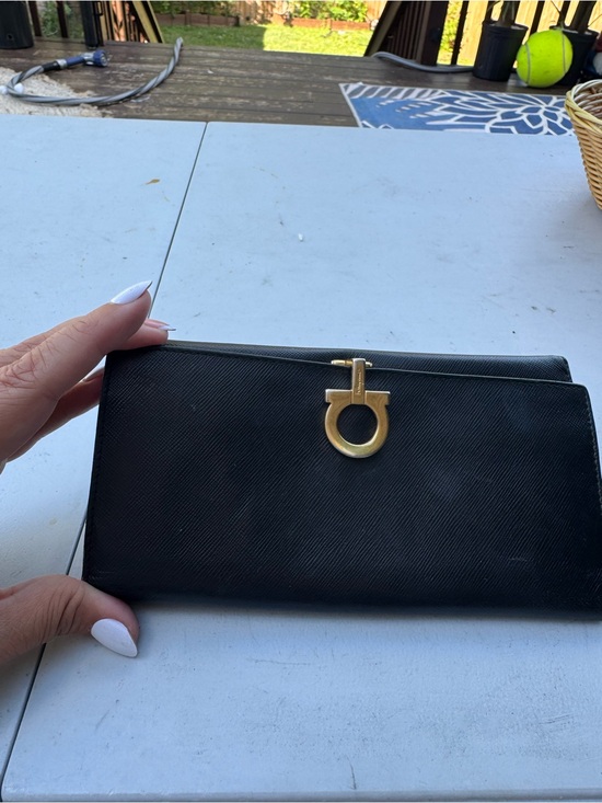 Salvatore Ferragamo Handbags - Salvatore Ferragamo Black Leather Wallet with Gold Gancini